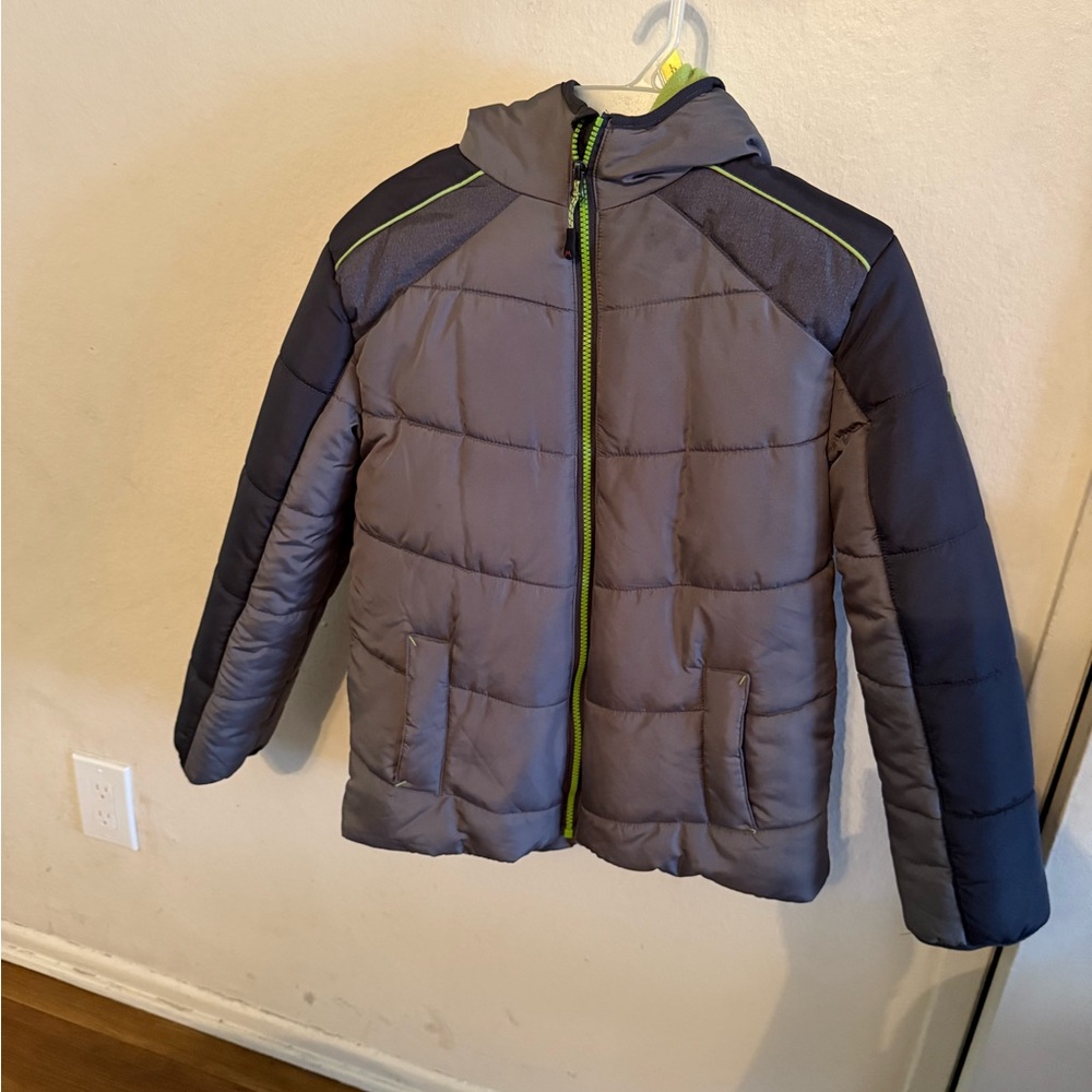 Gray and Blue Puffer Jacket with Quilted Design